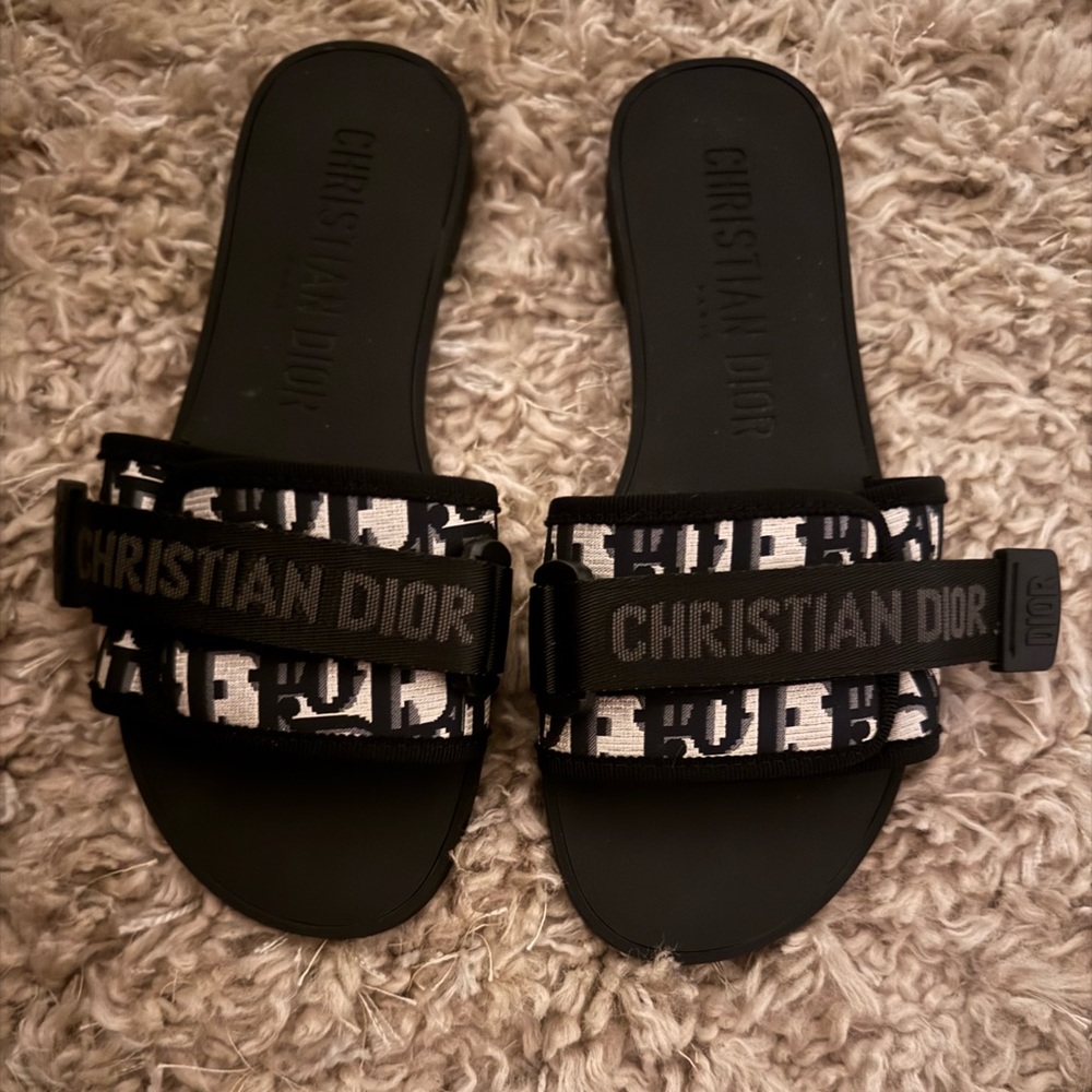 Dior Black and White Logo Jacquard Slide Sandals